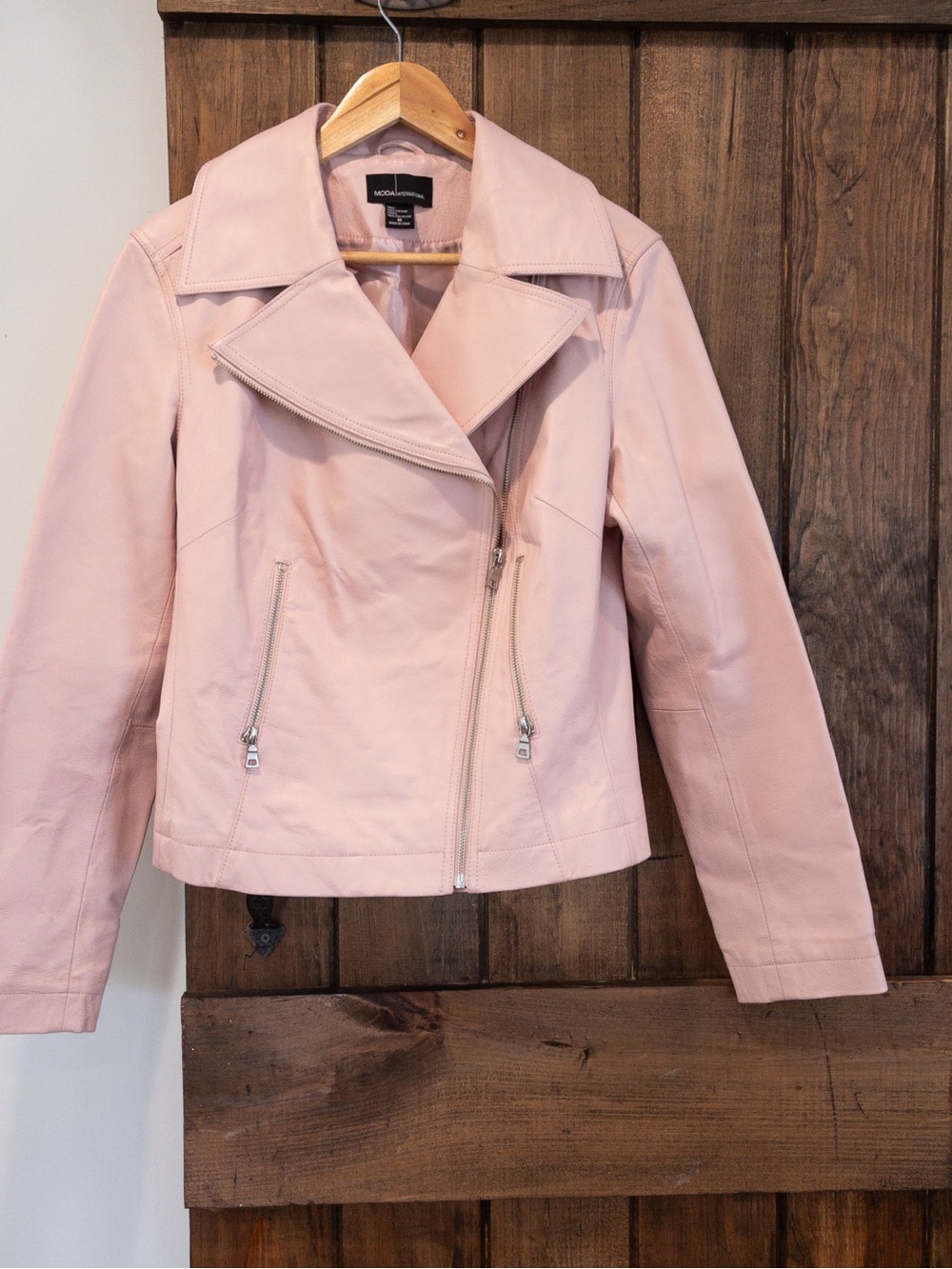 Moda International Pink Leather Asymmetrical Zip Moto Jacket Medium